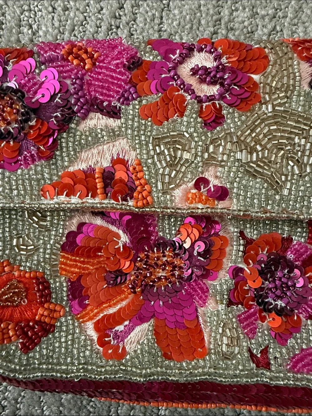 Shoulder Bag-Anthropologie Orange & Pink Beaded Floral with Cream Beadwork